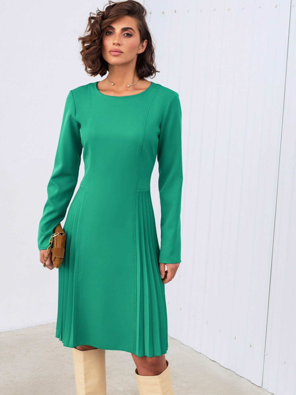 Ділова зелена сукня з гофрованими вставками | 85787 Ділова зелена сукня з гофрованими вставками | 85787