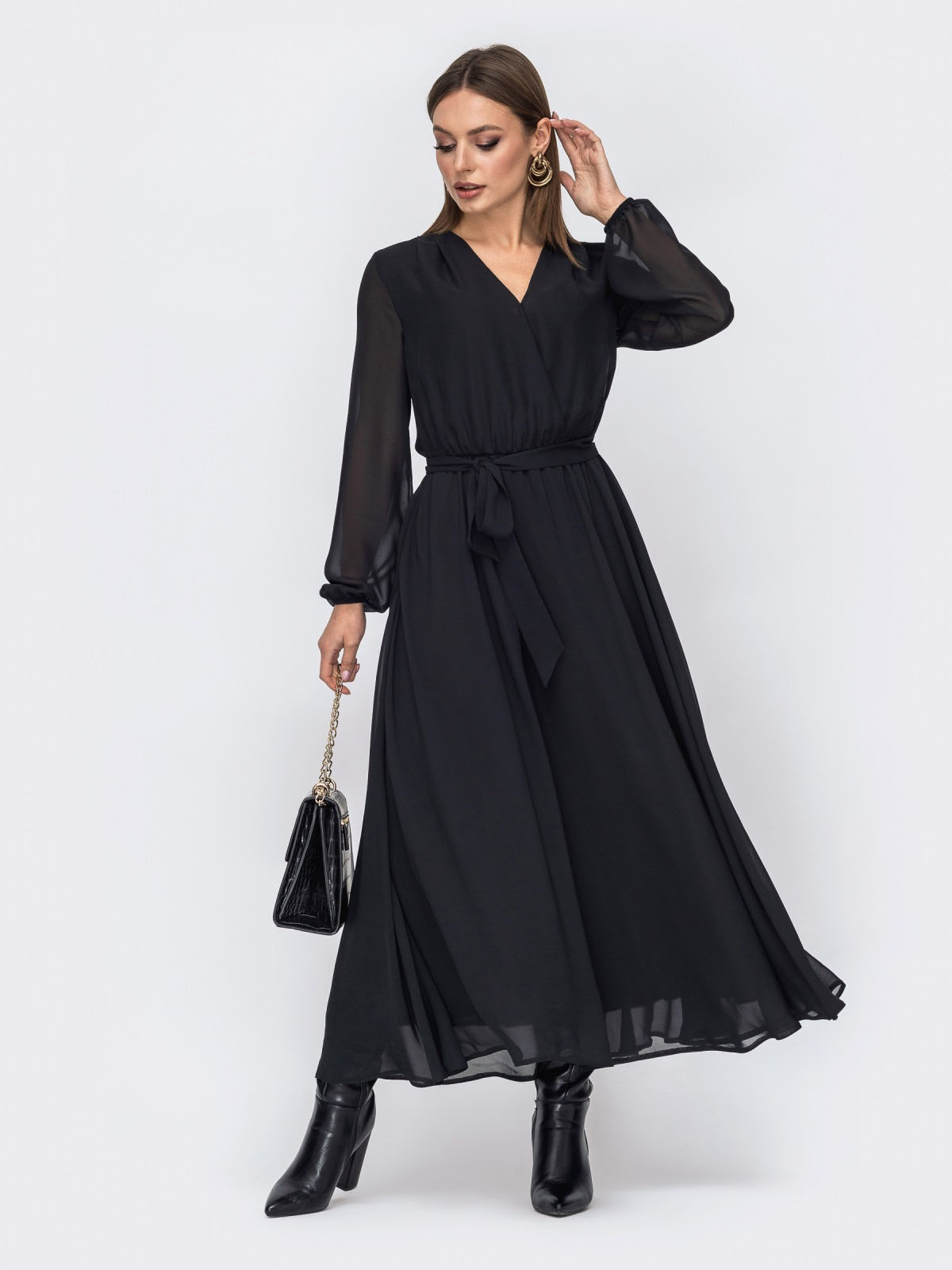 Святкова чорна шифонова сукня кльош | 86023