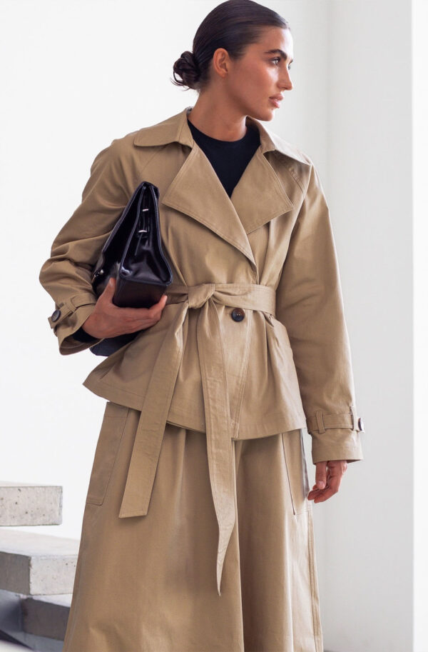 Бавовняний двобортний тренч бежевий | 85688