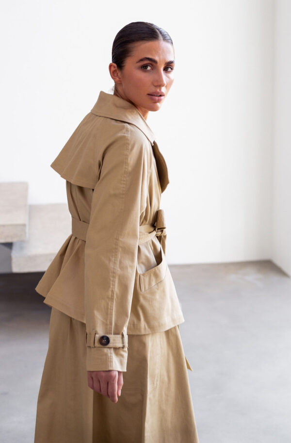 Бавовняний двобортний тренч бежевий | 85688