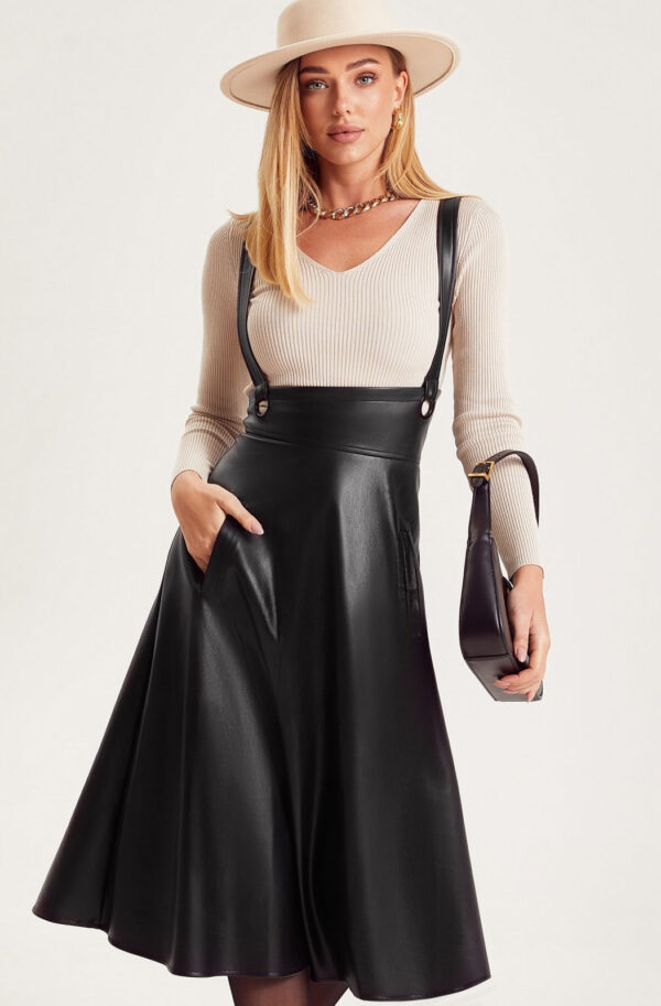Шкіряна спідниця з бретелями чорна | 86479