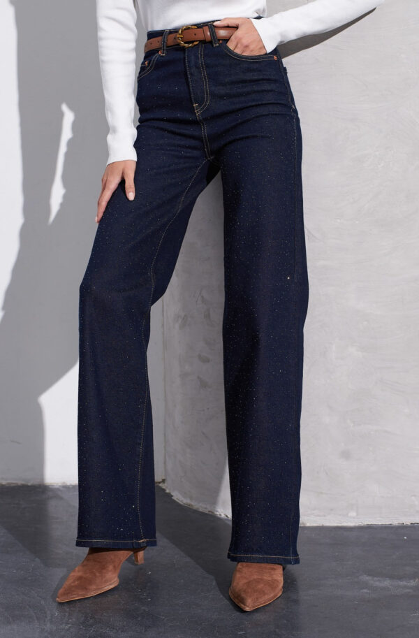 Джинси-труби оздоблені стразами темно-сині | 86271
