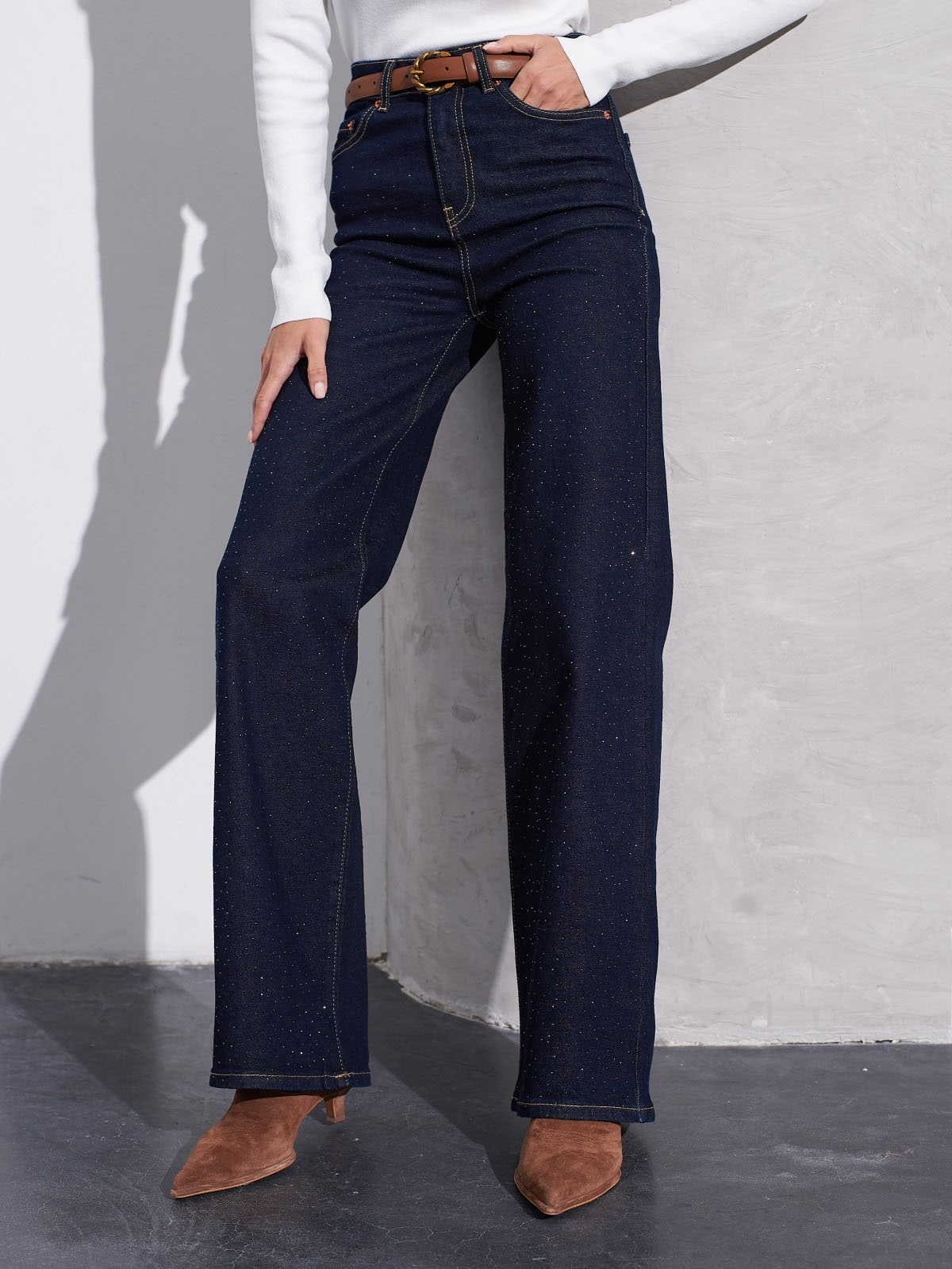 Джинси-труби оздоблені стразами темно-сині | 86271 Джинси-труби оздоблені стразами темно-сині | 86271