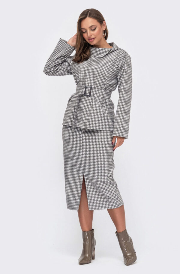 Теплий костюм зі спідницею в сірий принт | 86545