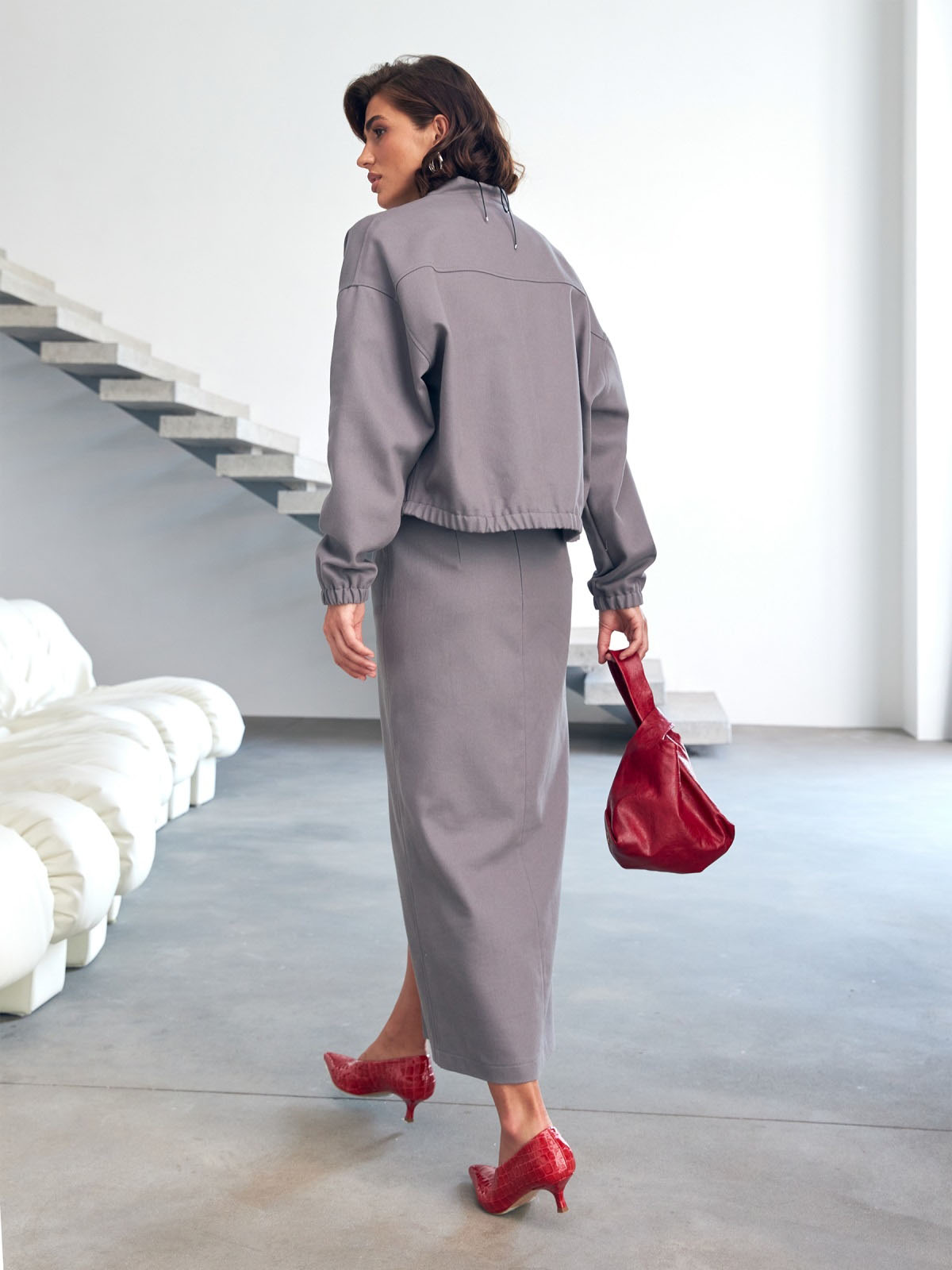 Джинсова спідниця сіра з розрізом спереду | 86295 Джинсова спідниця сіра з розрізом спереду | 86295