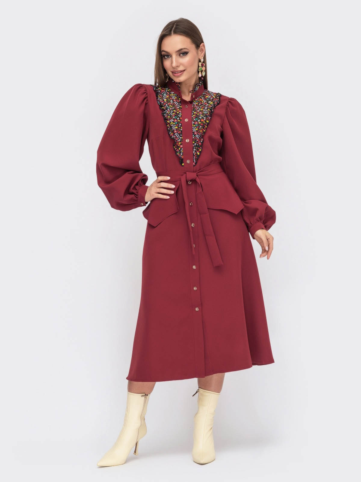 Сукня розкльошена з поясом баскою бордова | 87215 Сукня розкльошена з поясом баскою бордова | 87215