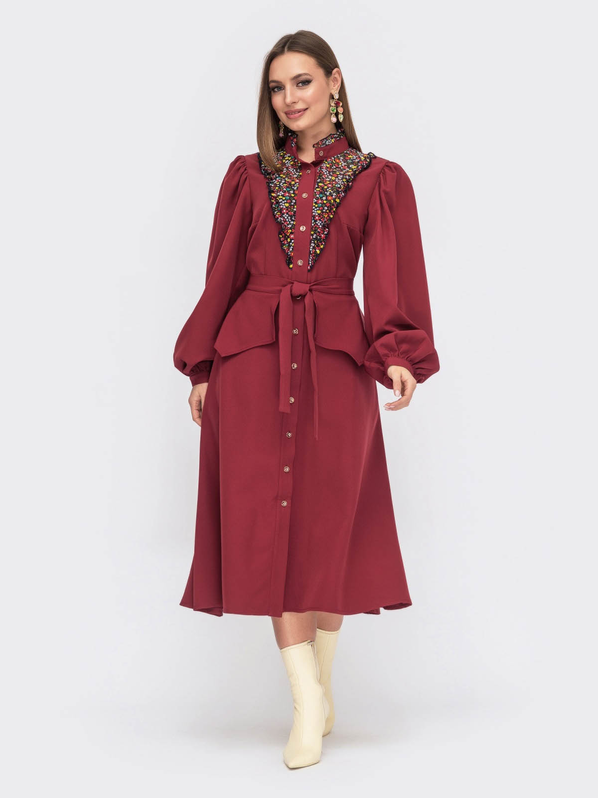 Сукня розкльошена з поясом баскою бордова | 87215 Сукня розкльошена з поясом баскою бордова | 87215