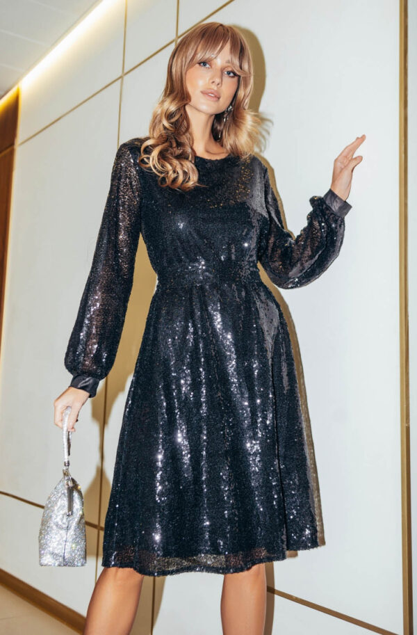 Вечірня чорна сукня кльош з паєтками | 86808