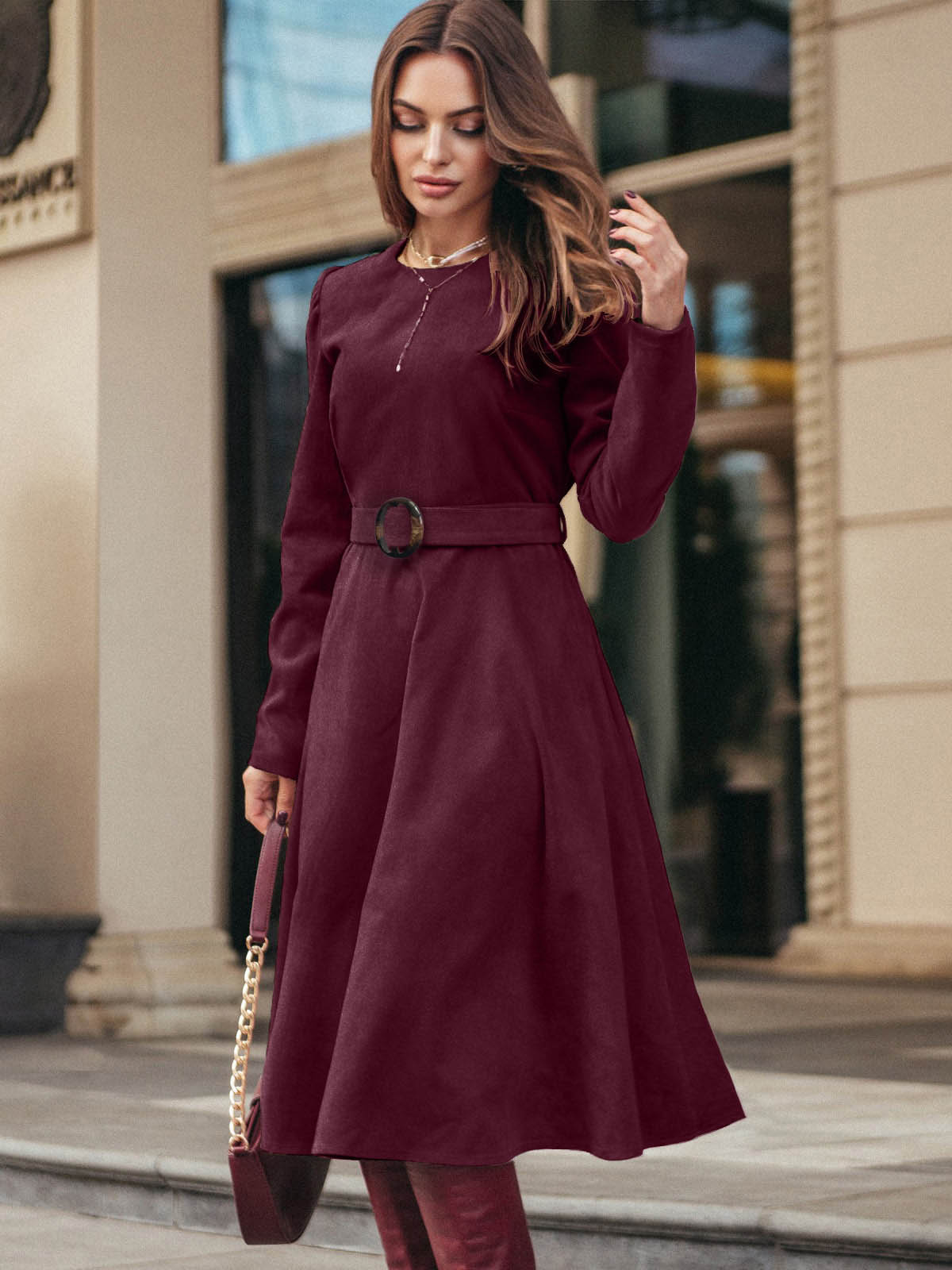 Сукня розкльошена з мікровельвету бордова | 87403 Сукня розкльошена з мікровельвету бордова | 87403