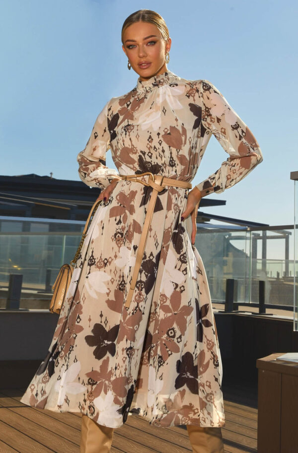 Плаття з шифону в бежевий квітковий принт | 87305