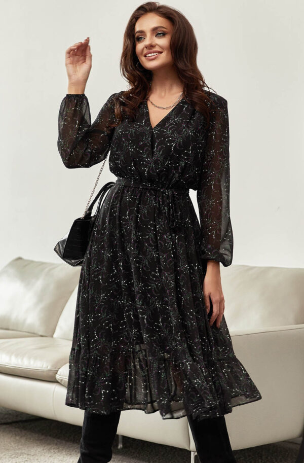 Шифонова сукня кльош в чорний принт | 87106