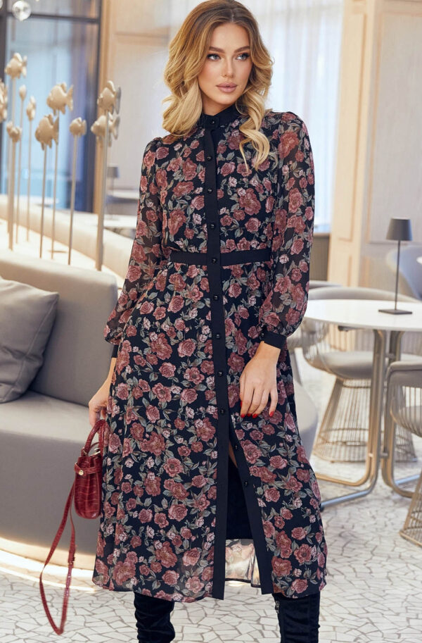 Сукня-сорочка з принтованого шифону чорна | 87237