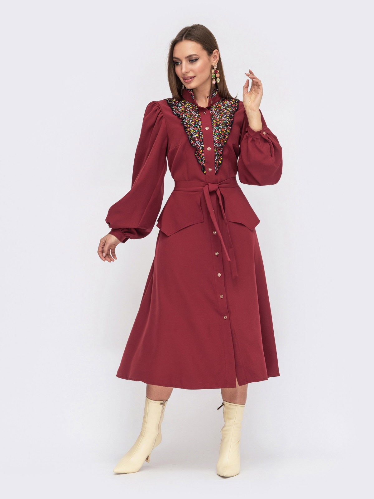 Сукня розкльошена з поясом баскою бордова | 87215 Сукня розкльошена з поясом баскою бордова | 87215