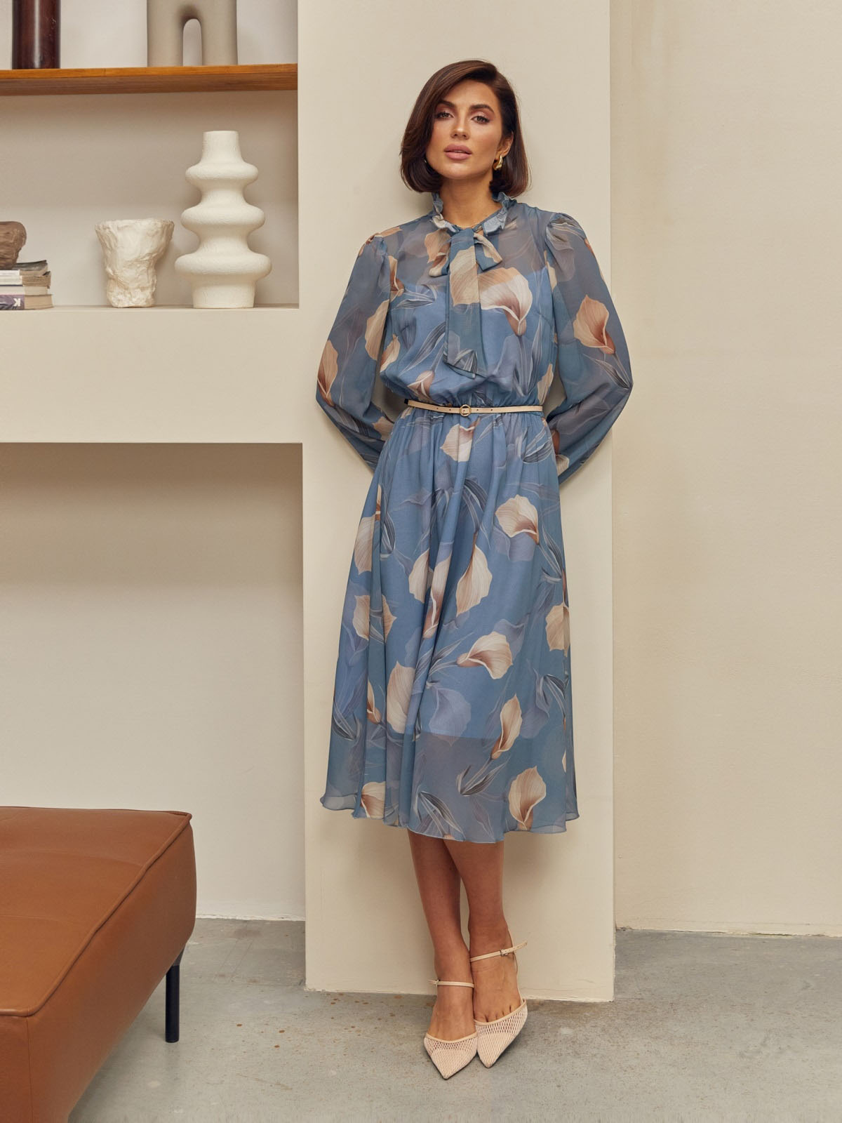 Шифонова сукня сіра у квітковий принт | 87224 Шифонова сукня сіра у квітковий принт | 87224