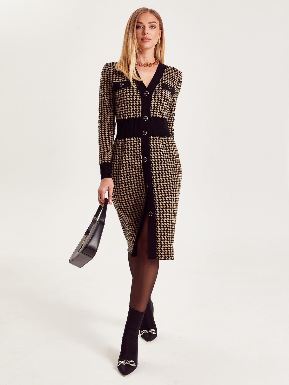 В'язане плаття в гусячу лапку бежеве | 87056 В'язане плаття в гусячу лапку бежеве | 87056