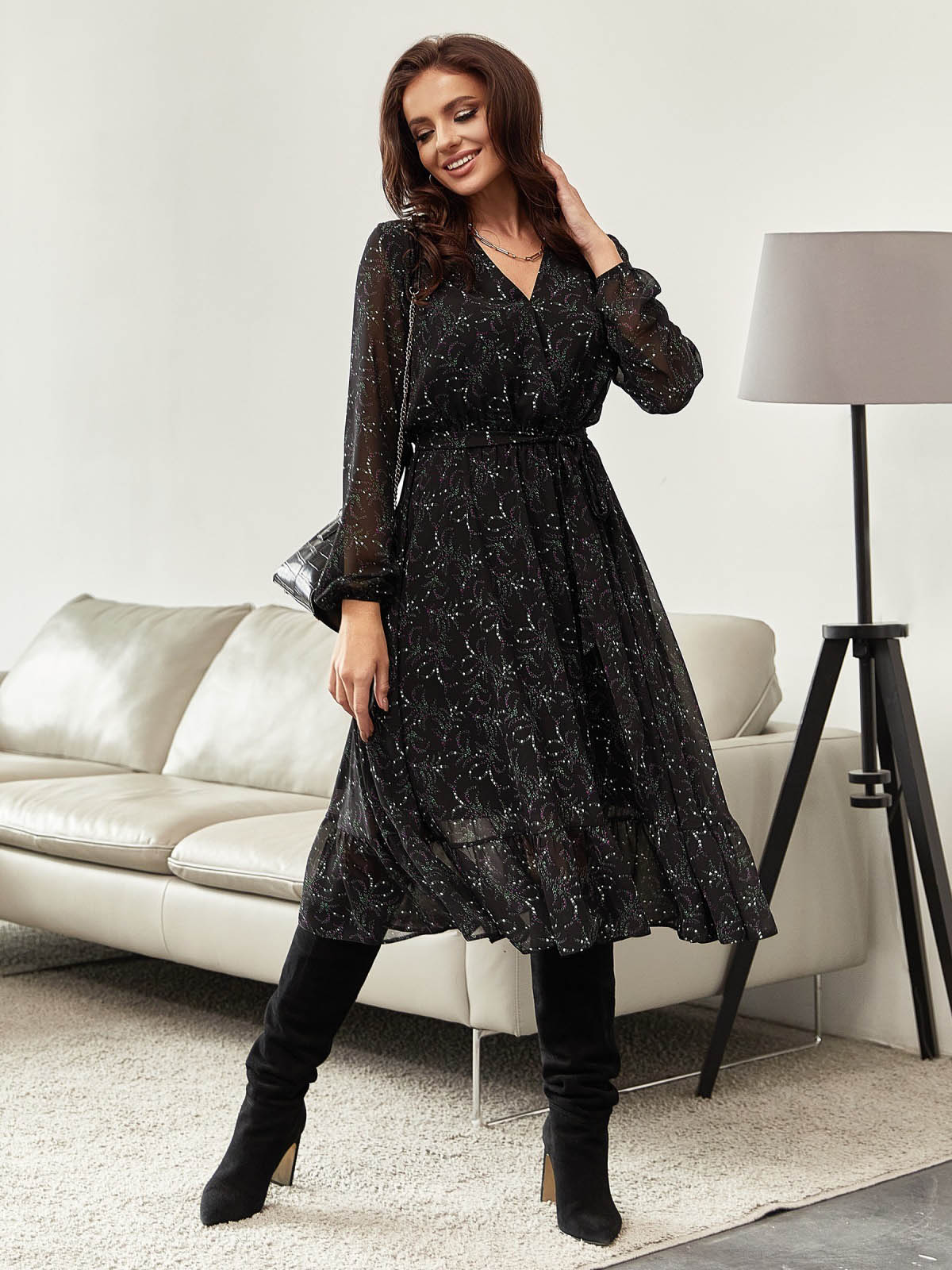 Шифонова сукня кльош в чорний принт | 87106