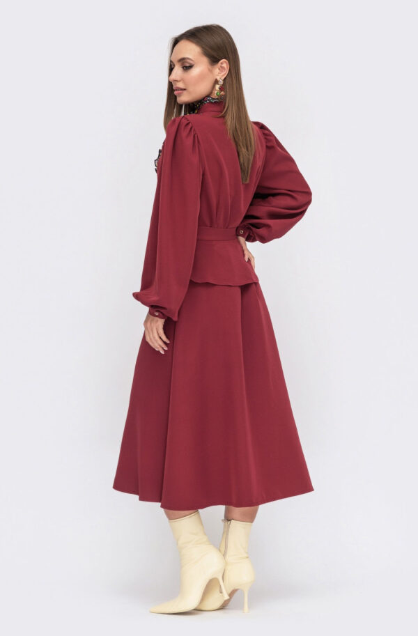 Сукня розкльошена з поясом баскою бордова | 87215