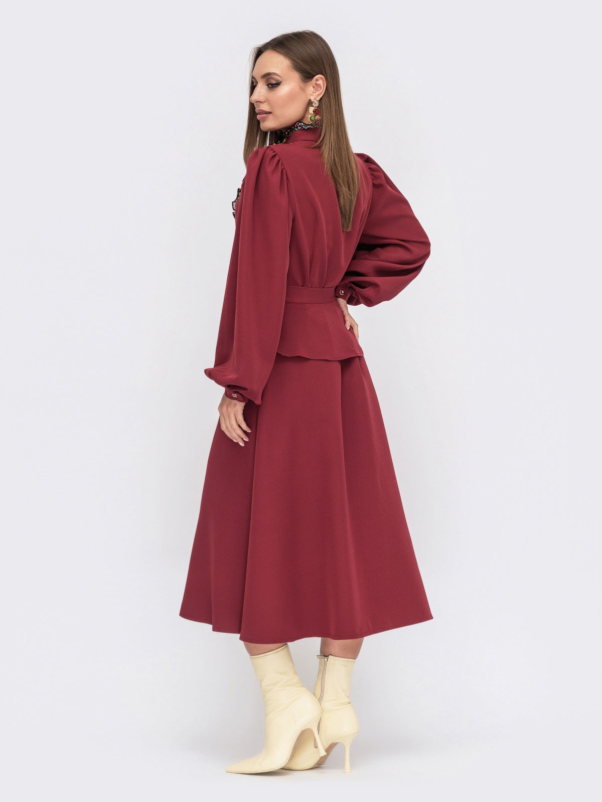Сукня розкльошена з поясом баскою бордова | 87215 Сукня розкльошена з поясом баскою бордова | 87215