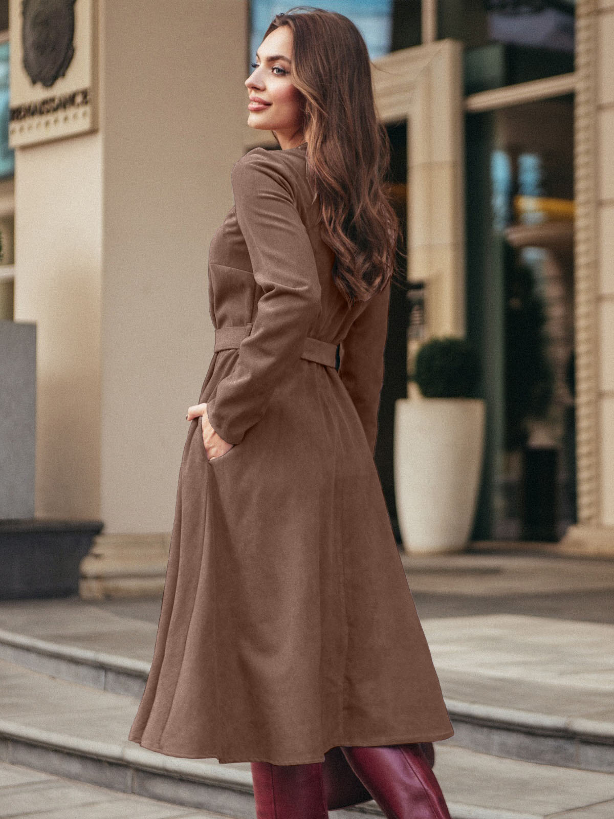 Сукня розкльошена з мікровельвету коричнева | 87412 Сукня розкльошена з мікровельвету коричнева | 87412