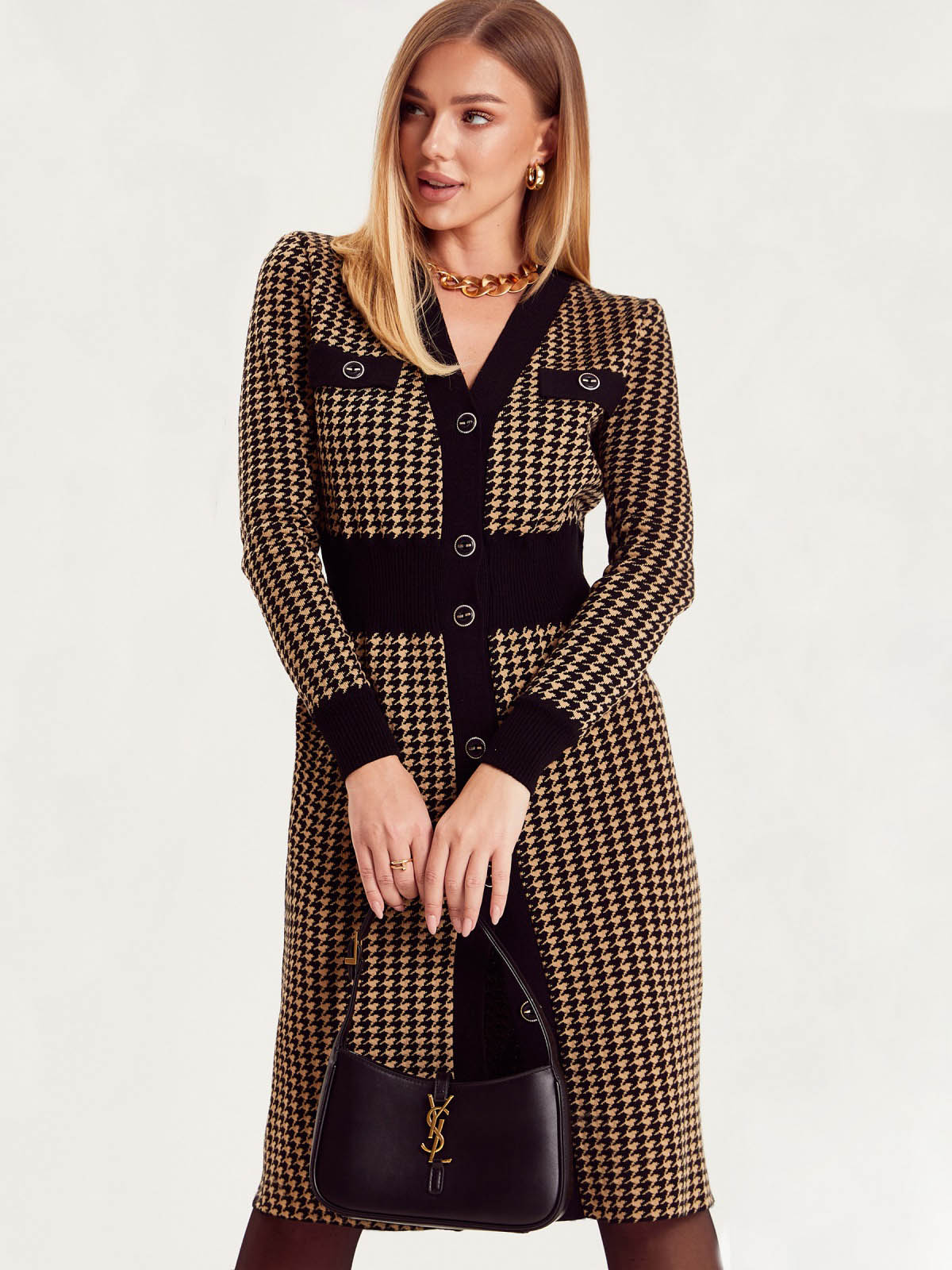 В'язане плаття в гусячу лапку бежеве | 87056 В'язане плаття в гусячу лапку бежеве | 87056