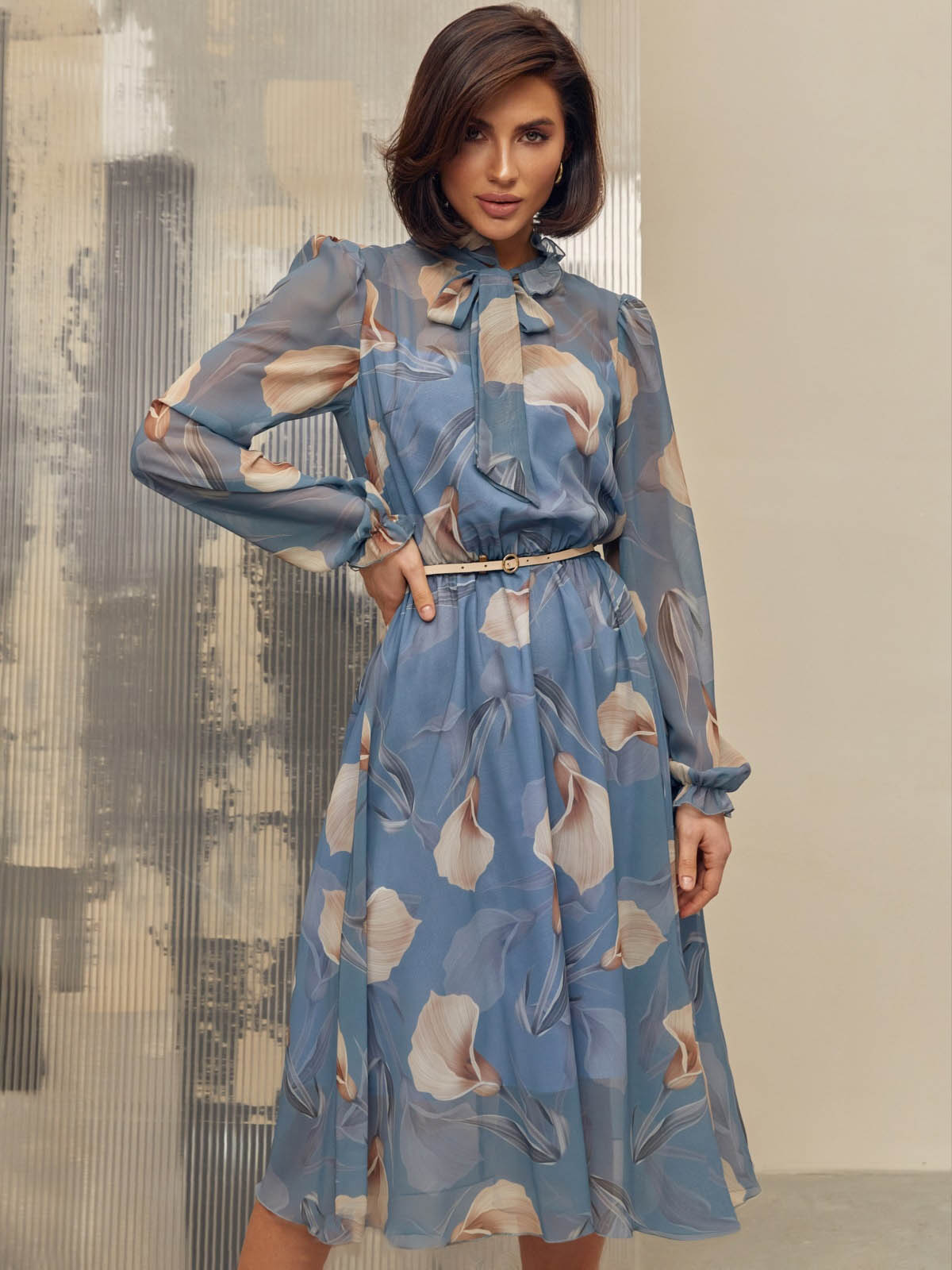 Шифонова сукня сіра у квітковий принт | 87224 Шифонова сукня сіра у квітковий принт | 87224