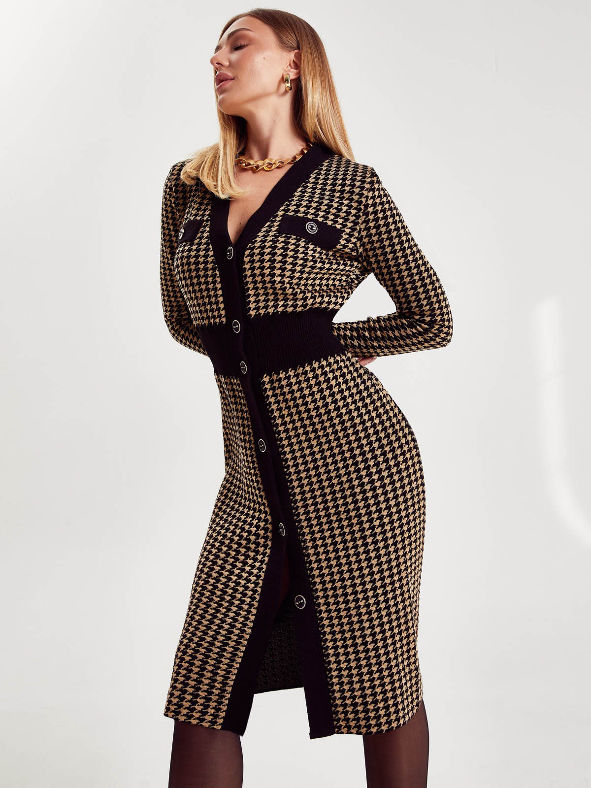 В'язане плаття в гусячу лапку бежеве | 87056 В'язане плаття в гусячу лапку бежеве | 87056