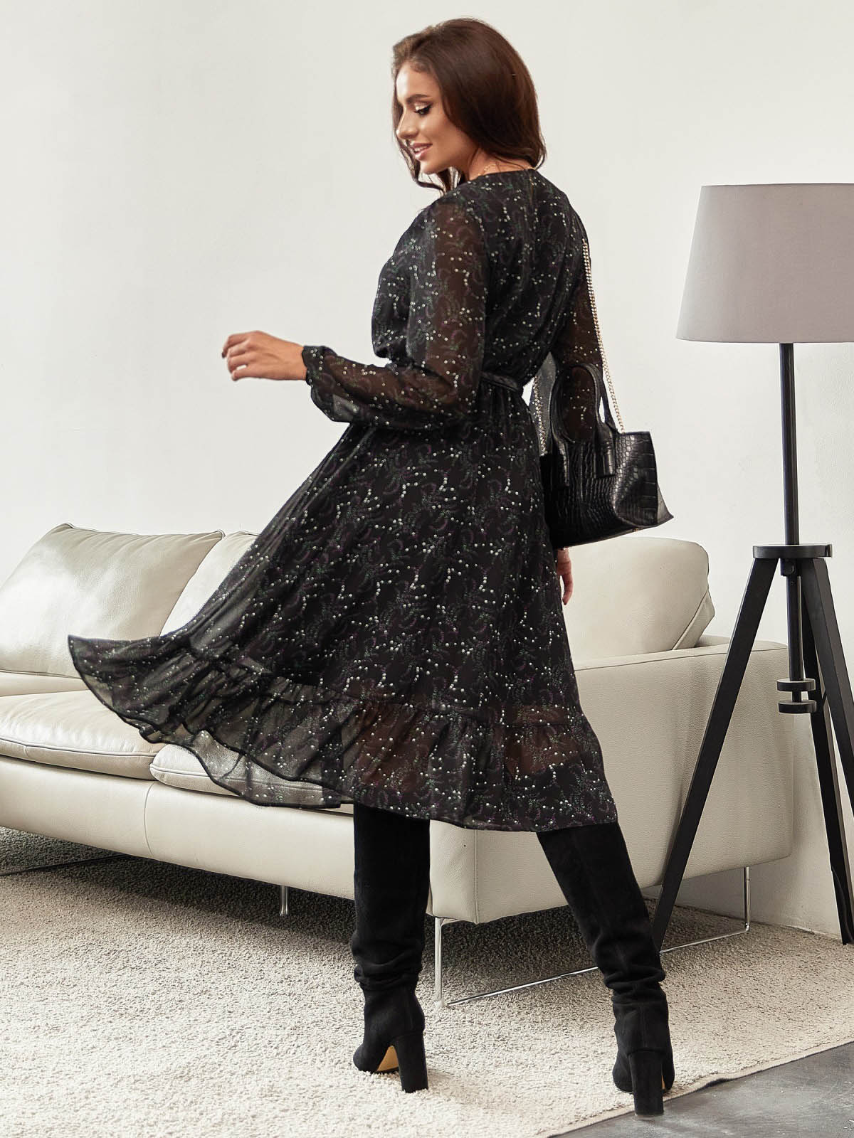 Шифонова сукня кльош в чорний принт | 87106