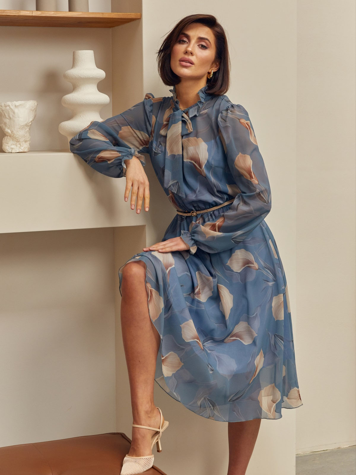 Шифонова сукня сіра у квітковий принт | 87224 Шифонова сукня сіра у квітковий принт | 87224