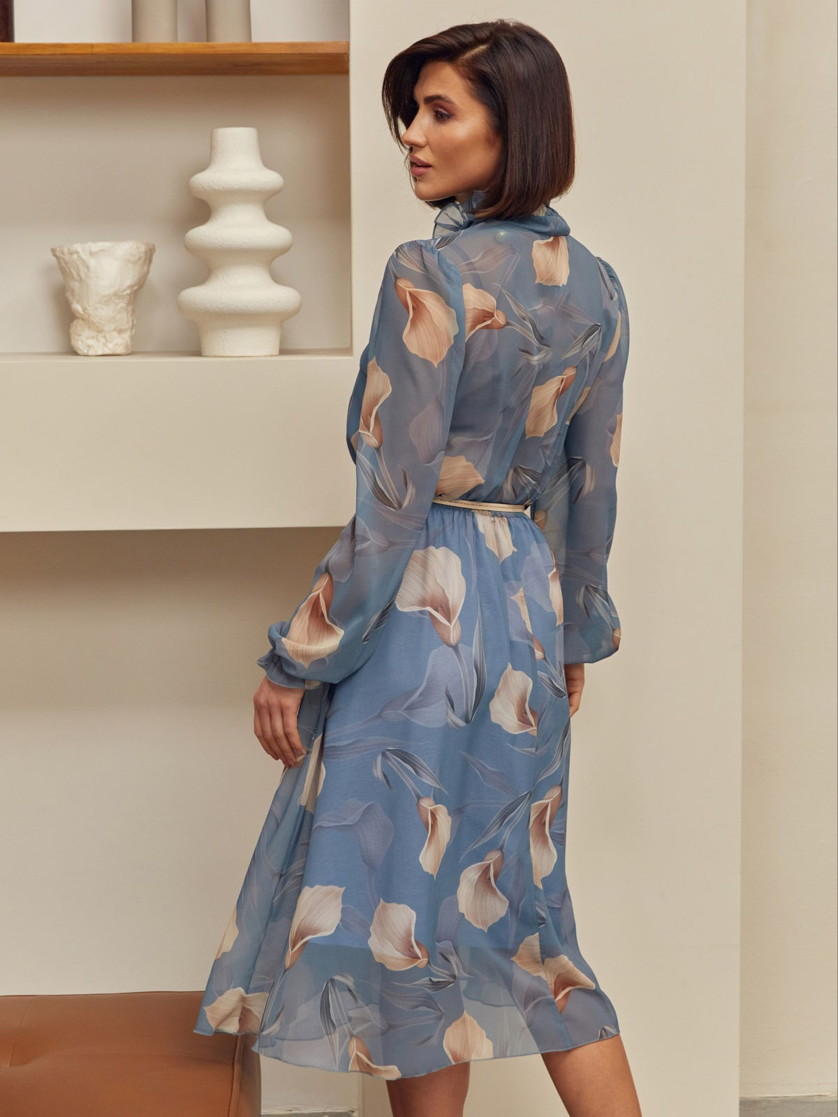 Шифонова сукня сіра у квітковий принт | 87224 Шифонова сукня сіра у квітковий принт | 87224