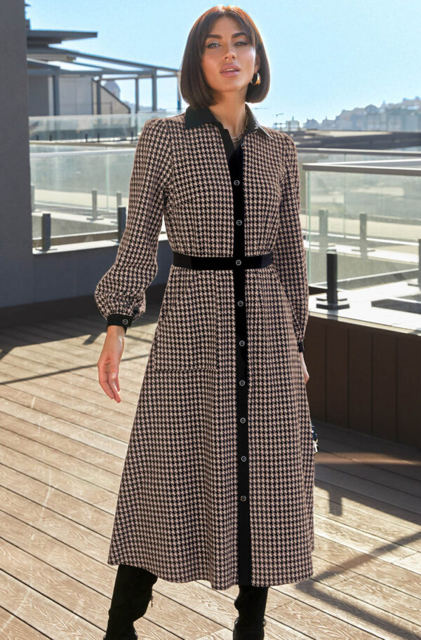 Розкльошена сукня чорно-бежева в гусячу лапку | 87579