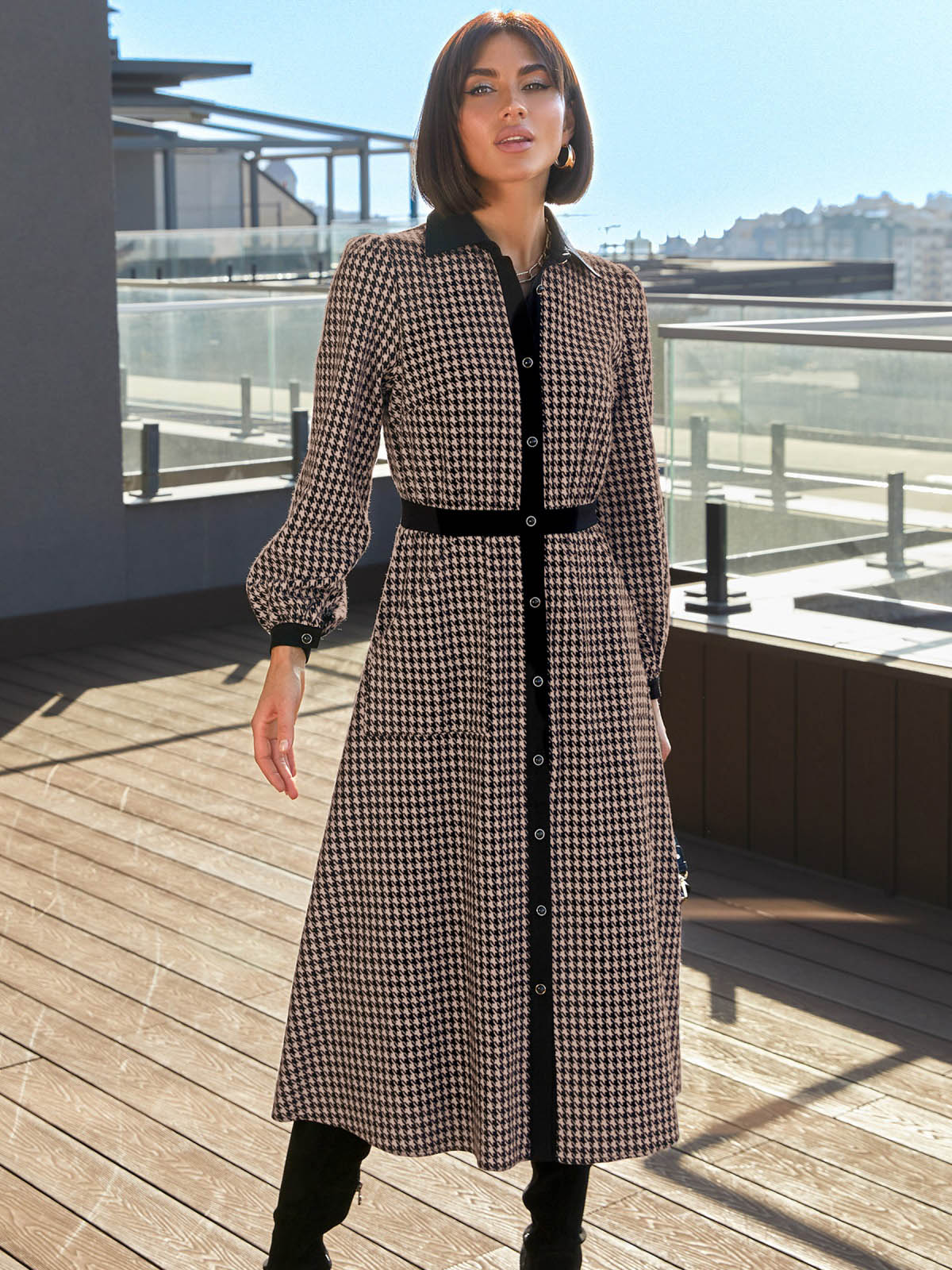 Розкльошена сукня чорно-бежева в гусячу лапку | 87579 Розкльошена сукня чорно-бежева в гусячу лапку | 87579