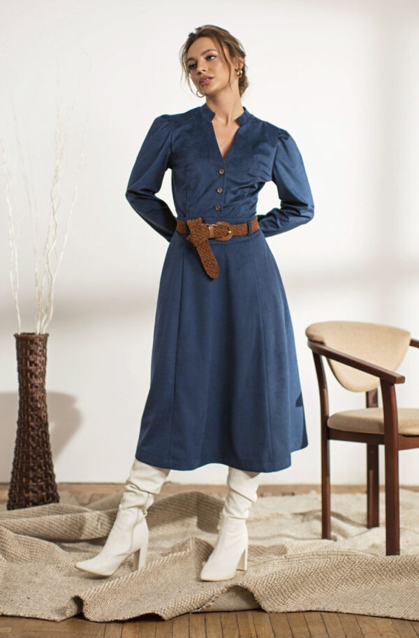 Вельветова сукня міді довжини темно-синя | 87439