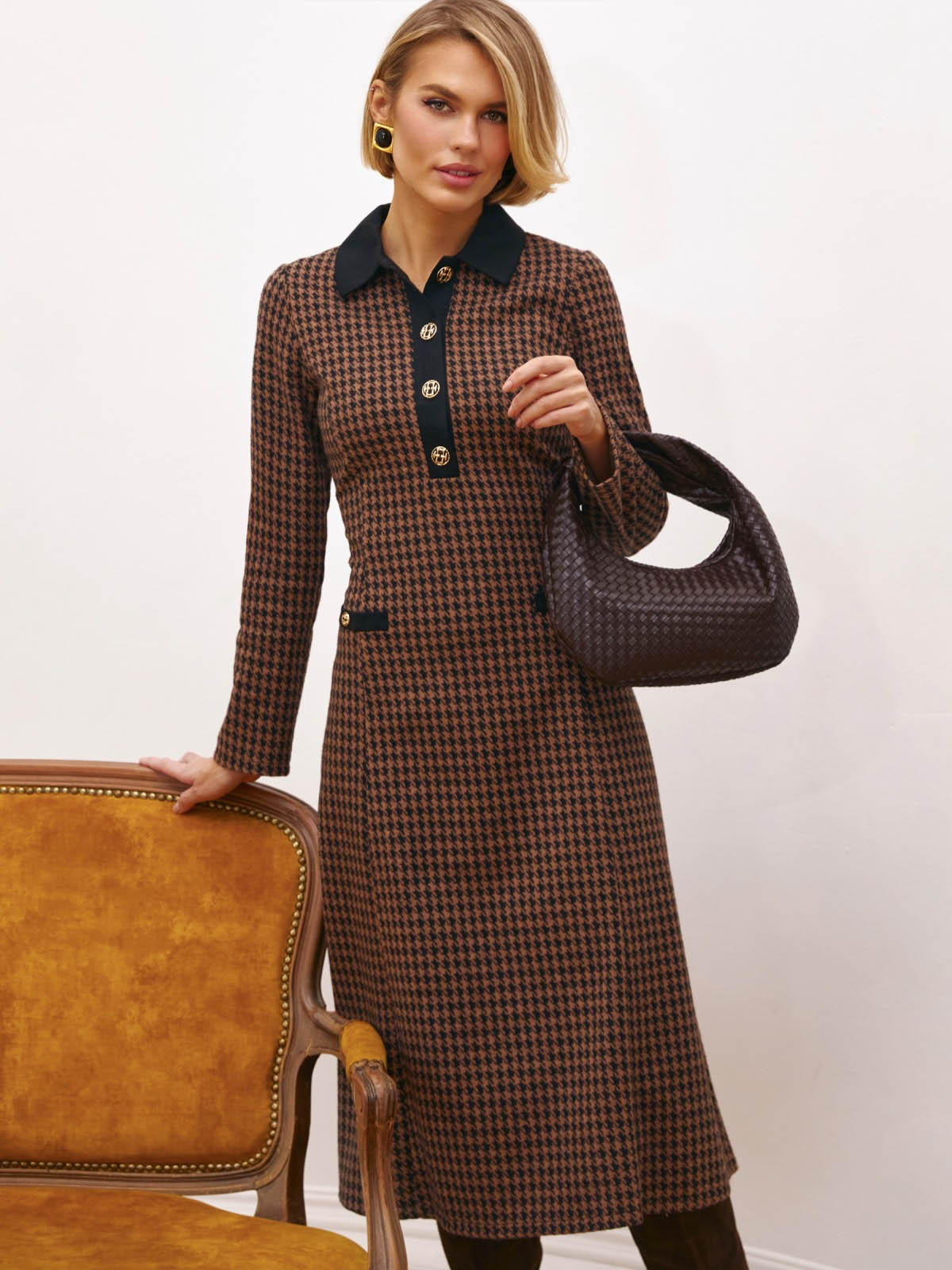 Сукня з принтом гусяча лапка чорно-бежева | 87546 Сукня з принтом гусяча лапка чорно-бежева | 87546