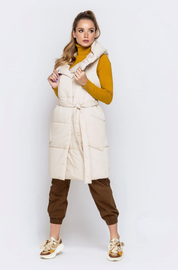 Подовжений жилет з капюшоном світло-бежевий | 87615