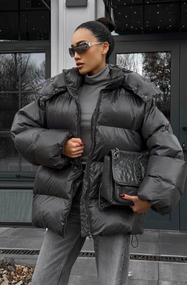 Зимовий короткий пуховик оверсайз графіт | 87676