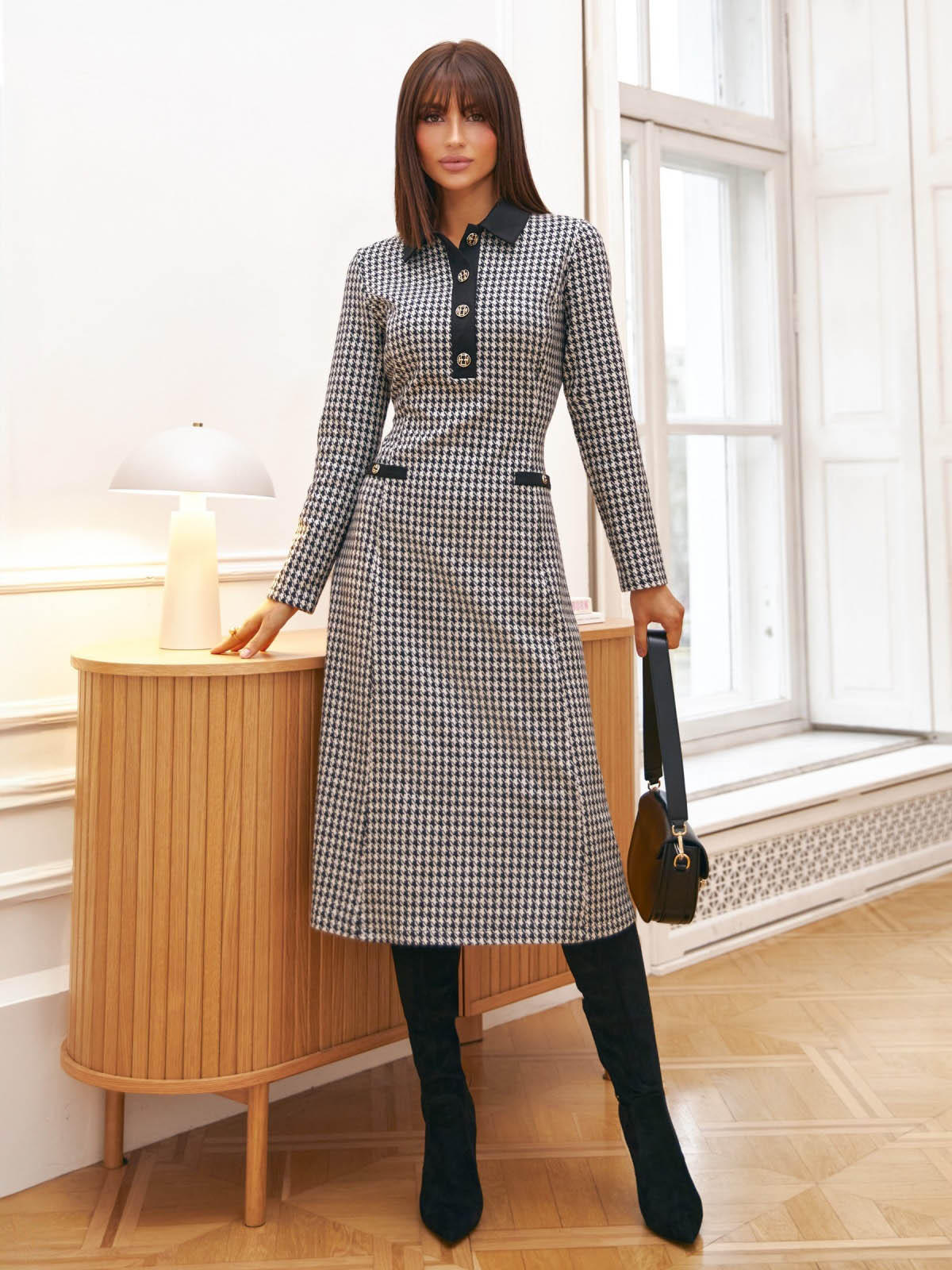 Сукня з принтом гусяча лапка чорно-біла | 87556 Сукня з принтом гусяча лапка чорно-біла | 87556