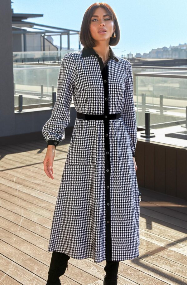 Розкльошена сукня чорно-біла в гусячу лапку | 87566