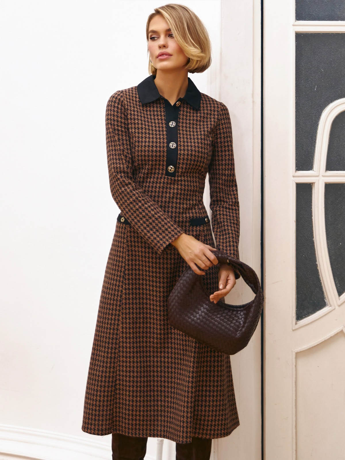 Сукня з принтом гусяча лапка чорно-бежева | 87546 Сукня з принтом гусяча лапка чорно-бежева | 87546