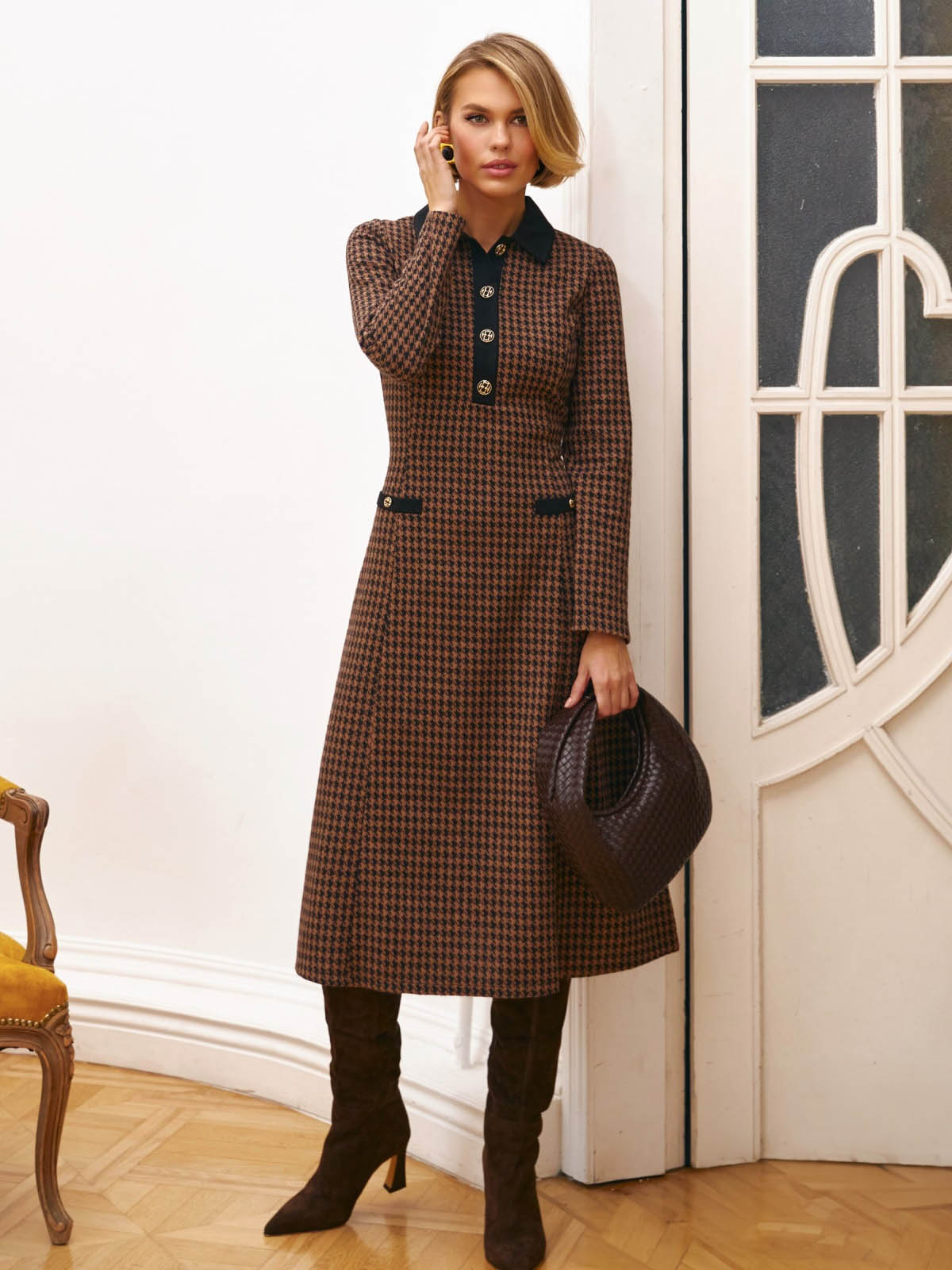 Сукня з принтом гусяча лапка чорно-бежева | 87546 Сукня з принтом гусяча лапка чорно-бежева | 87546