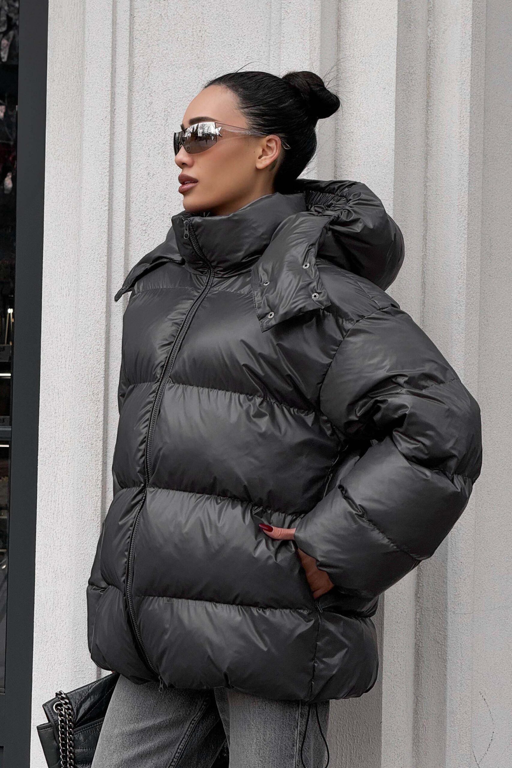 Зимовий короткий пуховик оверсайз графіт | 87676 Зимовий короткий пуховик оверсайз графіт | 87676
