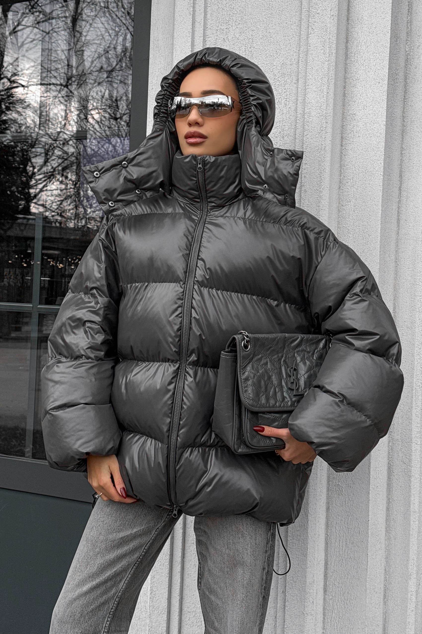 Зимовий короткий пуховик оверсайз графіт | 87676 Зимовий короткий пуховик оверсайз графіт | 87676