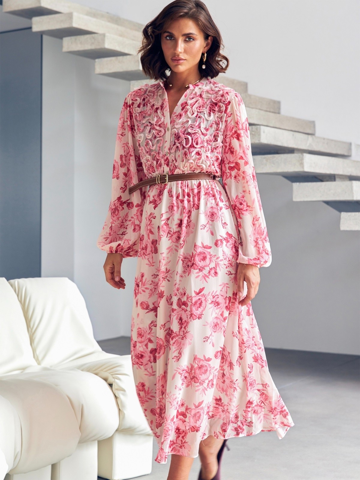 Літня шифонова сукня біла в рожеві квіти | 87910 Літня шифонова сукня біла в рожеві квіти | 87910