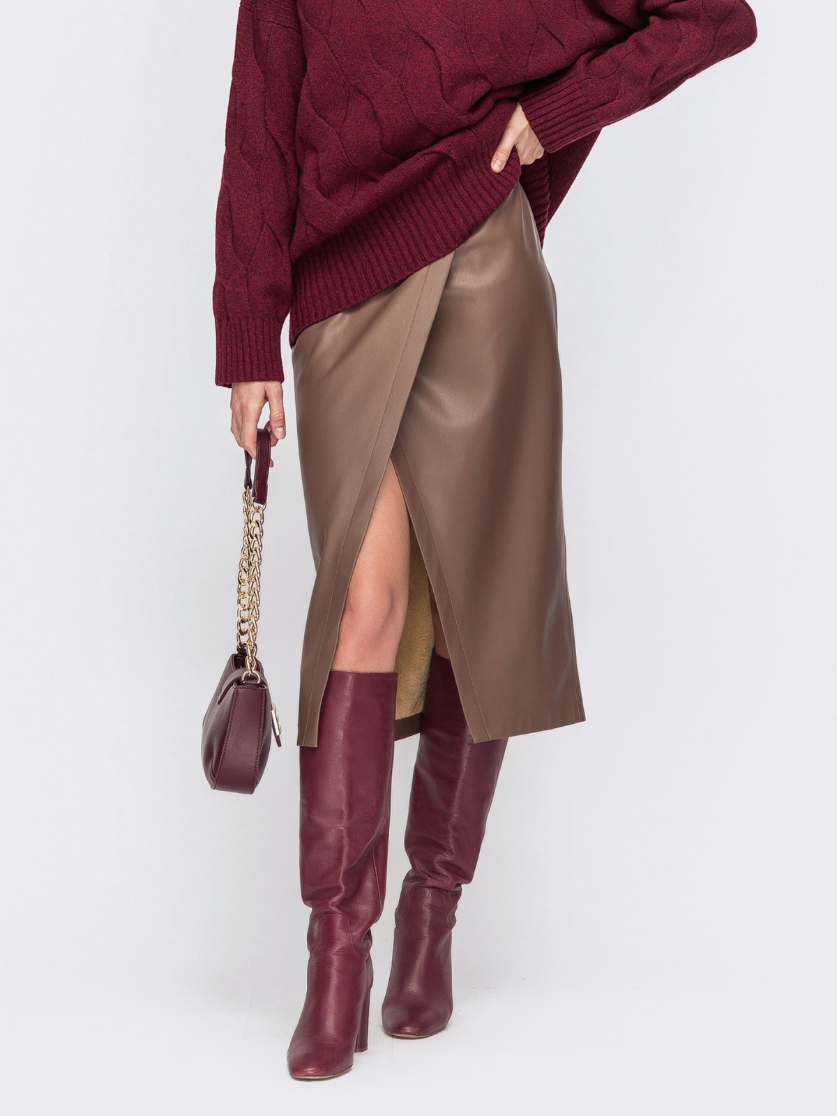 Спідниця з екошкіри на замші коричнева | 87998 Спідниця з екошкіри на замші коричнева | 87998