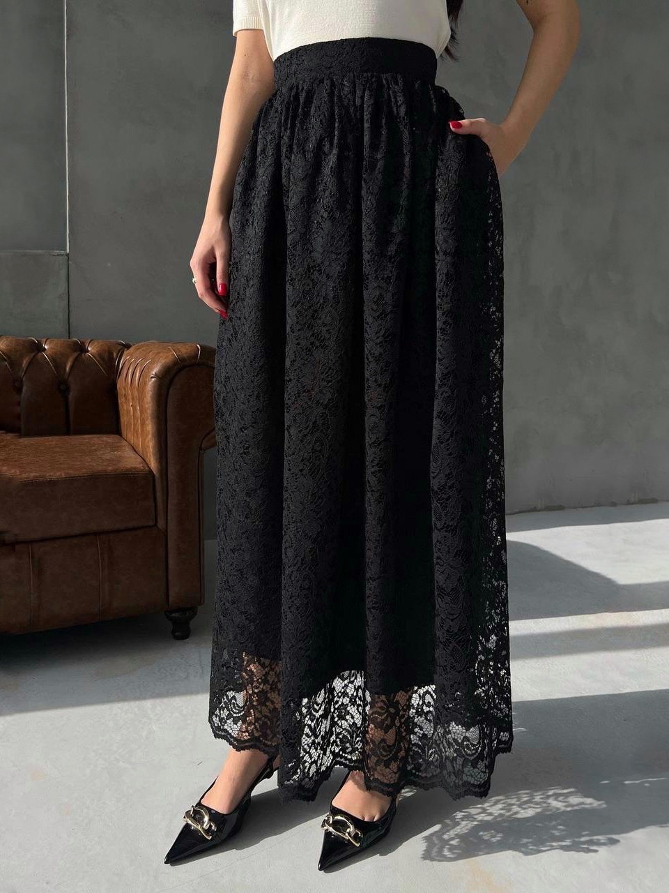 Довга спідниця із гіпюру чорна | 87978 Довга спідниця із гіпюру чорна | 87978