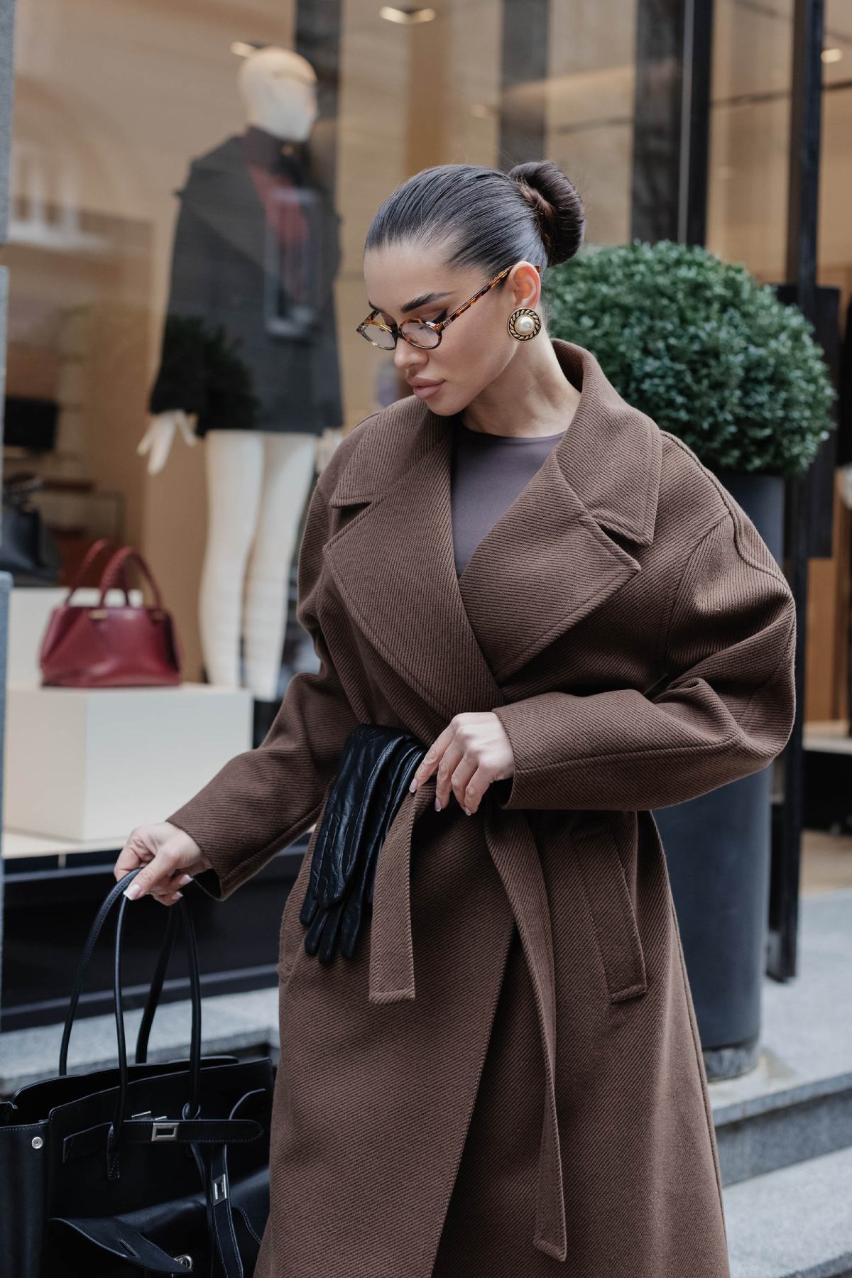 Демісезонне пальто на запах коричневе | 88237 Демісезонне пальто на запах коричневе | 88237