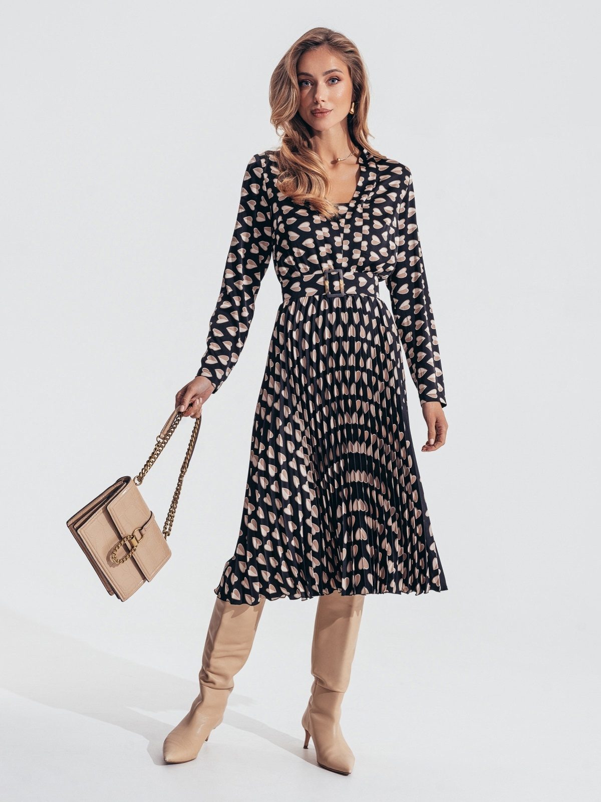 Сукня в принт з плісированою спідницею чорна | 88315 Сукня в принт з плісированою спідницею чорна | 88315