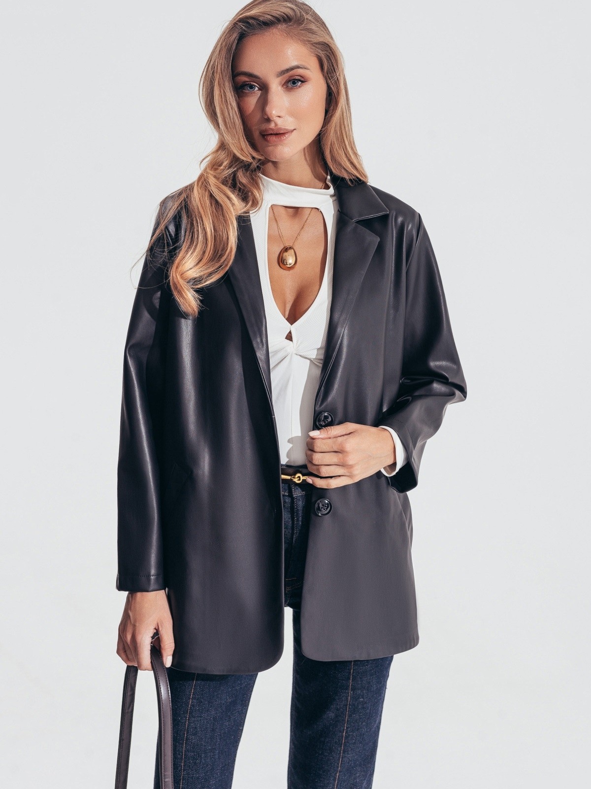 Шкіряний подовжений піджак чорний | 87925 Шкіряний подовжений піджак чорний | 87925