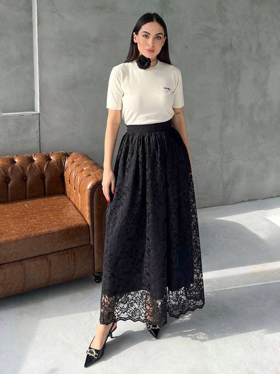 Довга спідниця із гіпюру чорна | 87978 Довга спідниця із гіпюру чорна | 87978