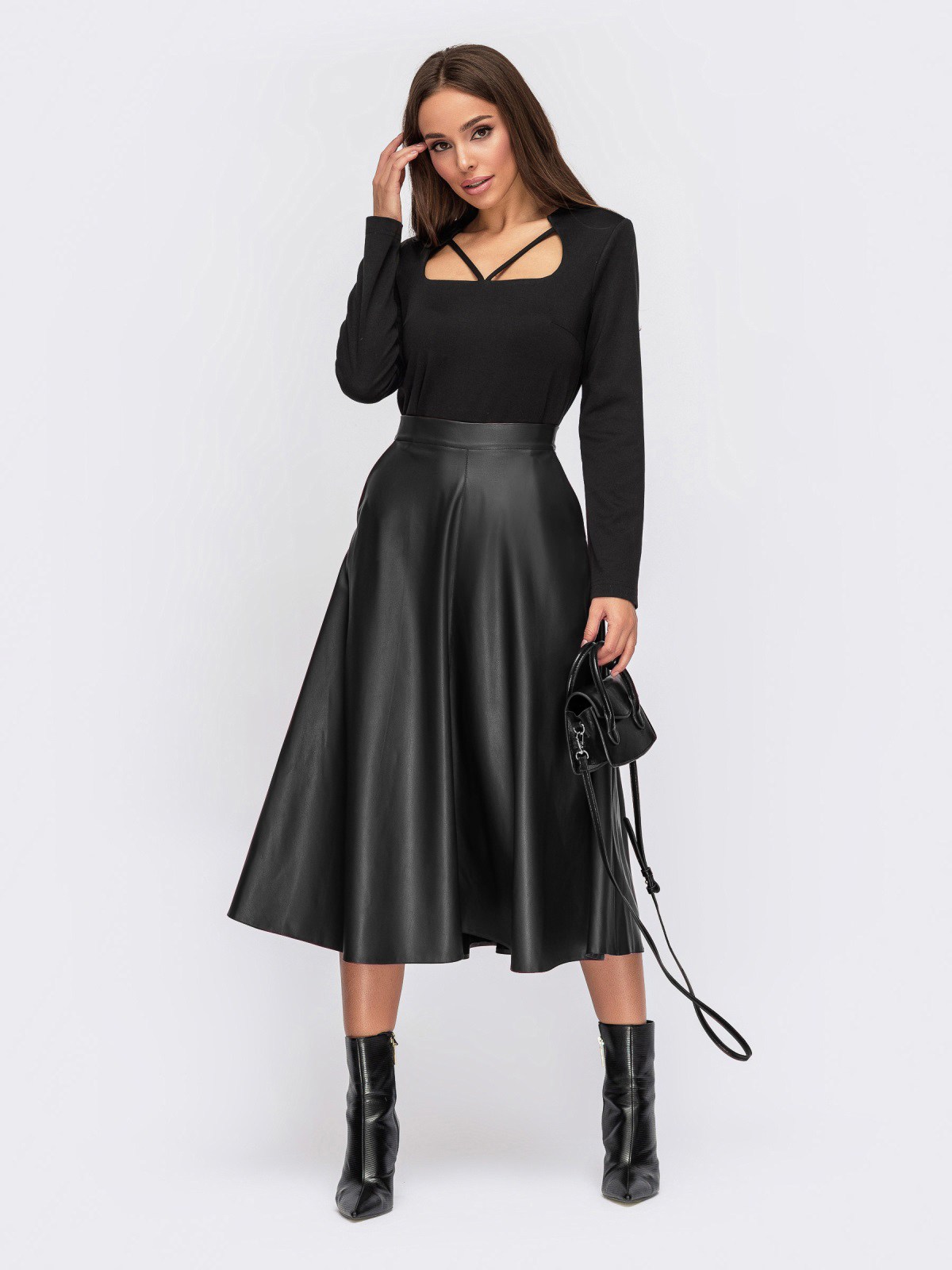 Розкльошена спідниця з екошкіри чорна | 88007 Розкльошена спідниця з екошкіри чорна | 88007