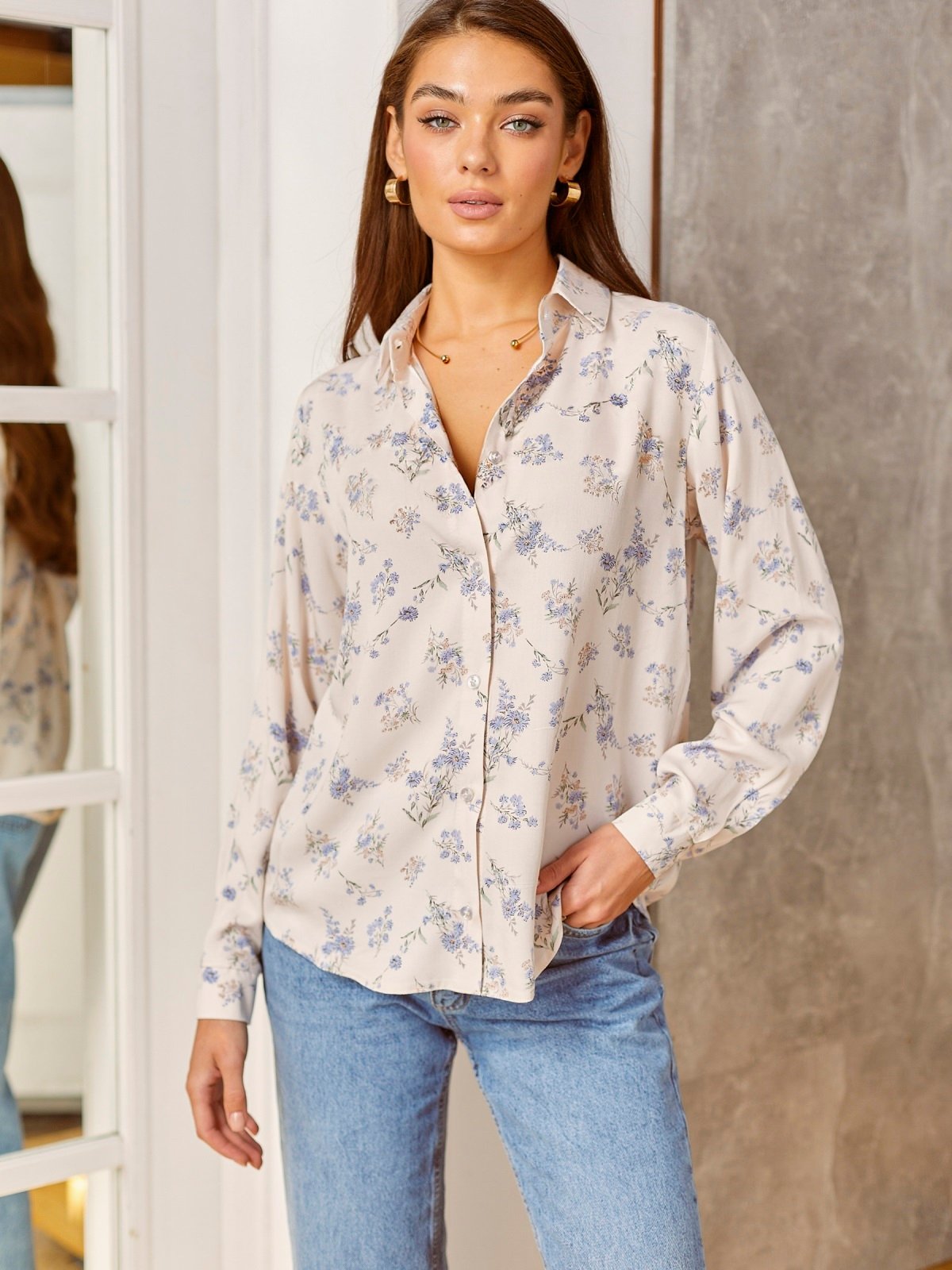 Принтована сорочка зі штапелю молочна | 88382 Принтована сорочка зі штапелю молочна | 88382